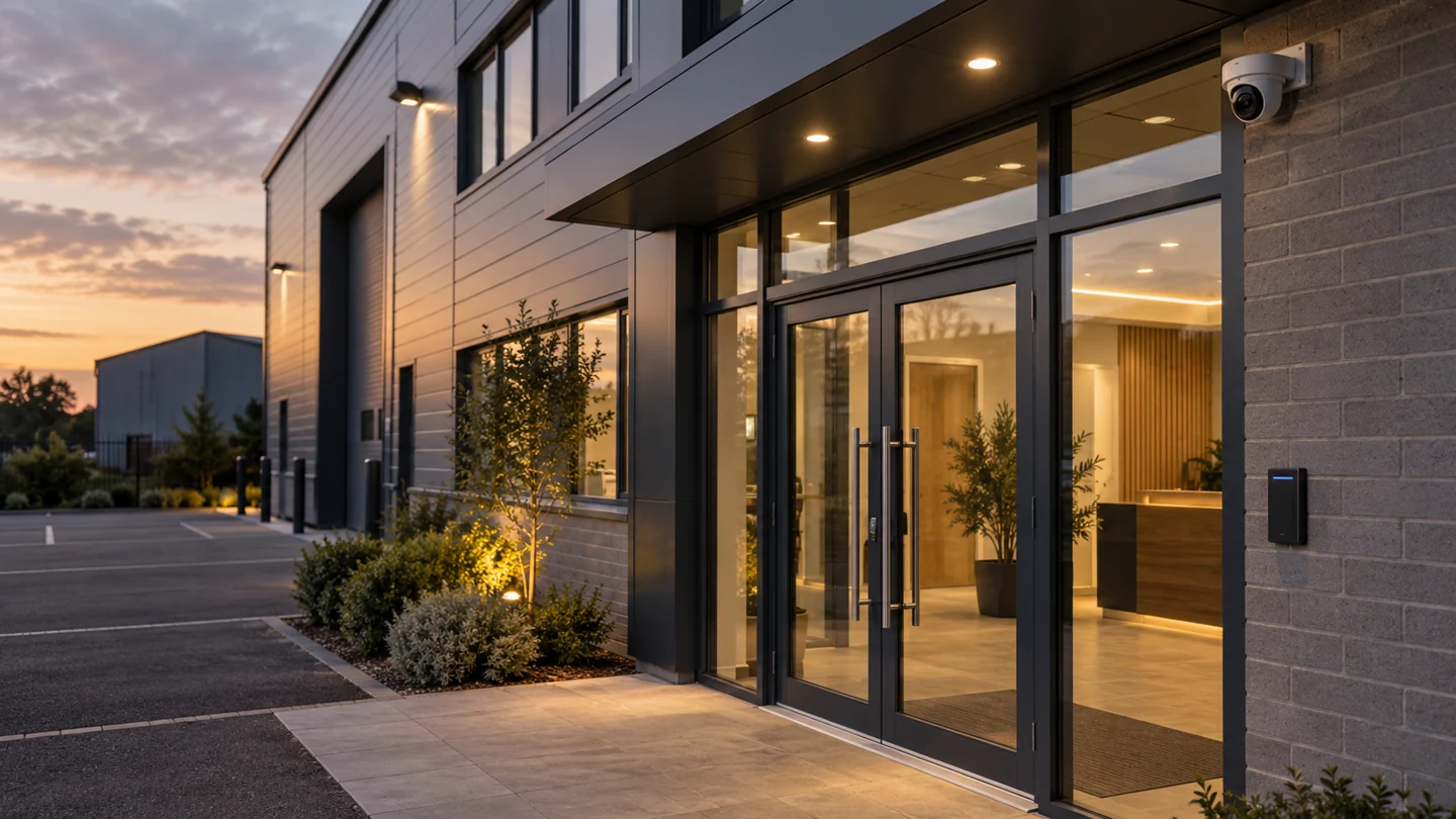 Illustrative business entrance with CCTV camera and an access control reader