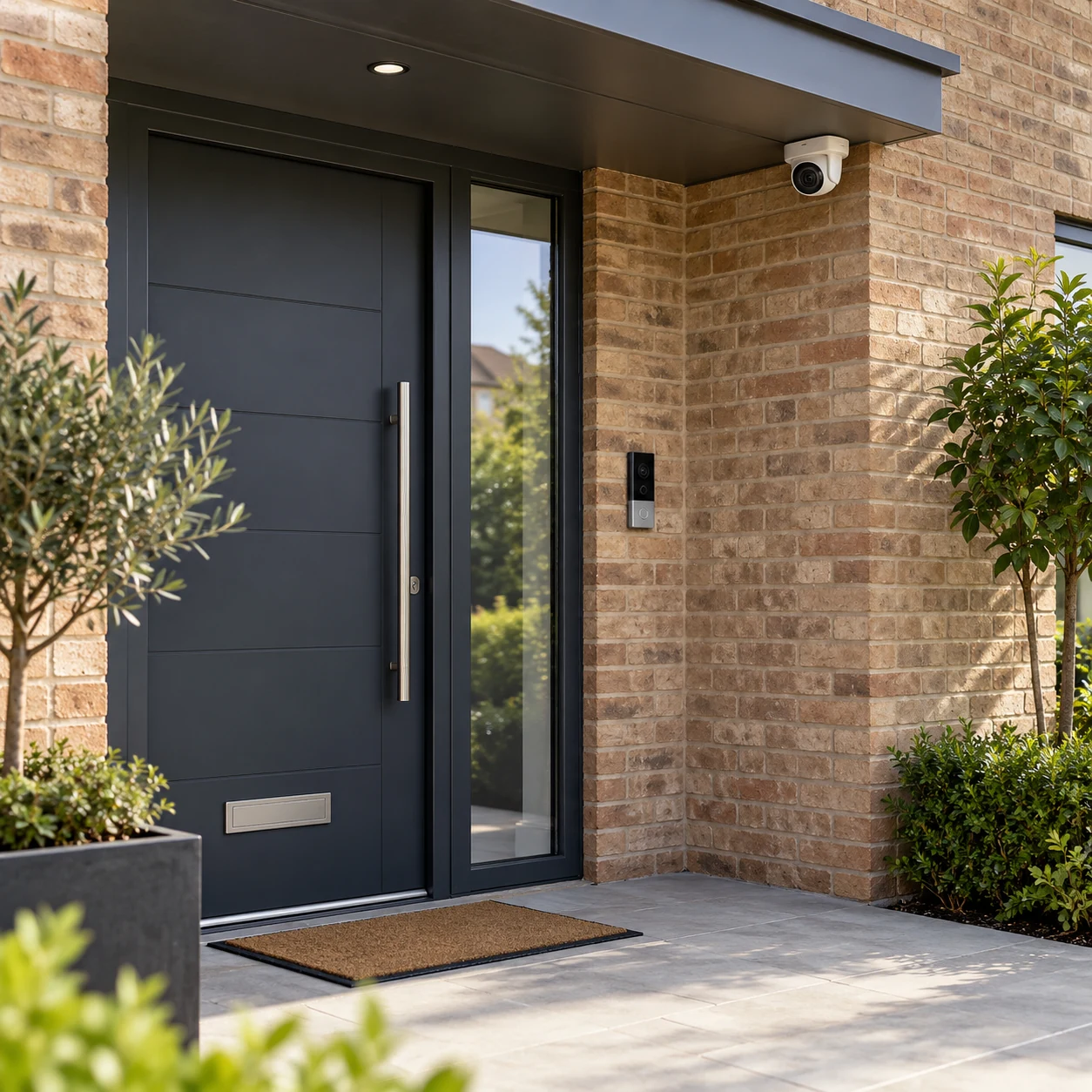 Illustrative modern property entrance with a discreet CCTV camera and video entry panel